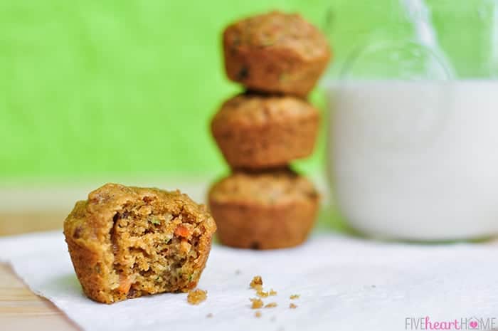 Veggie Muffins in a stack with one missing a bite.