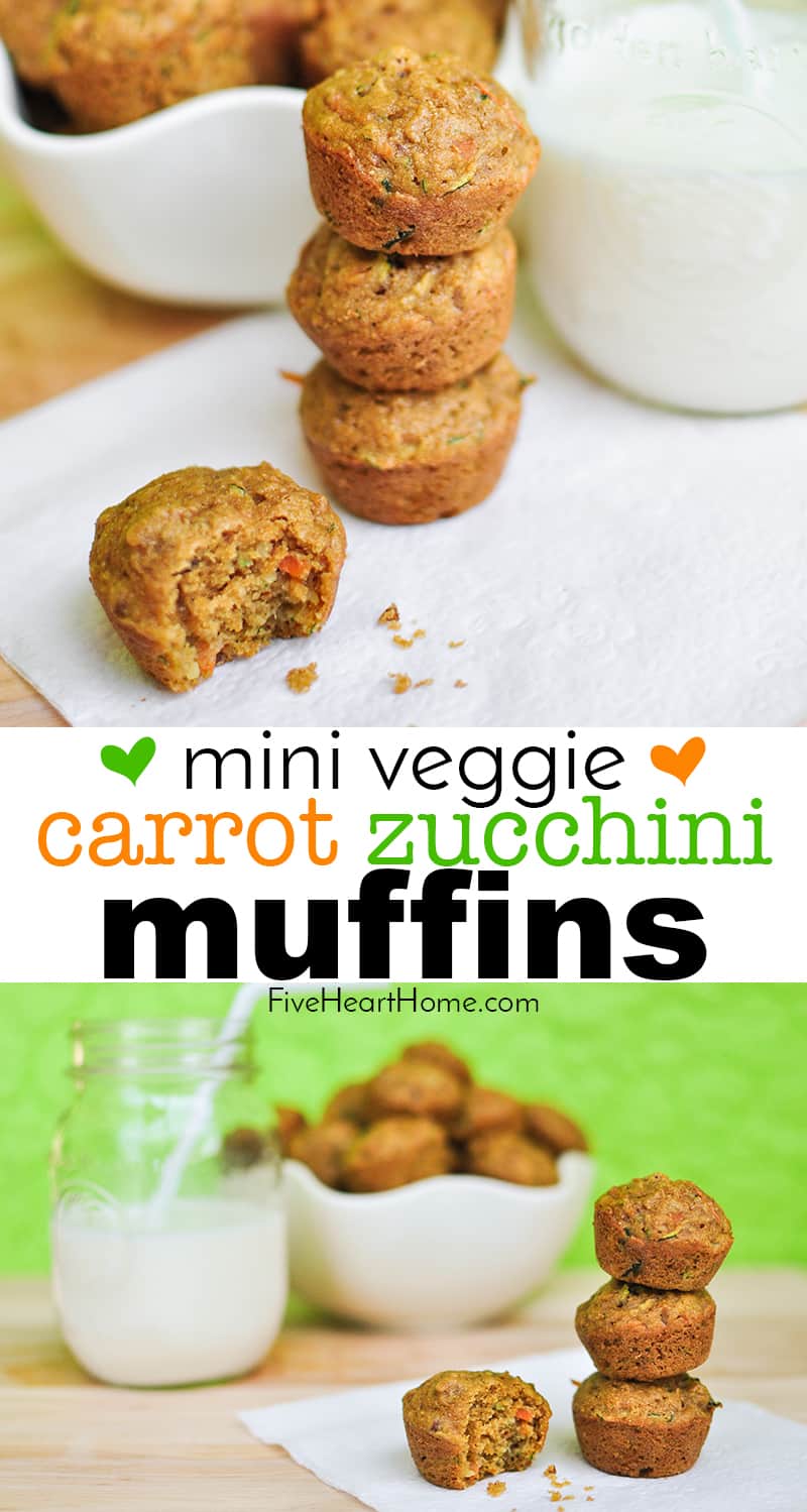 Mini Veggie Muffins -- loaded with carrots, zucchini, & whole wheat flour -- make a yummy, healthy breakfast or snack for toddlers, kids, and adults alike! | FiveHeartHome.com via @fivehearthome