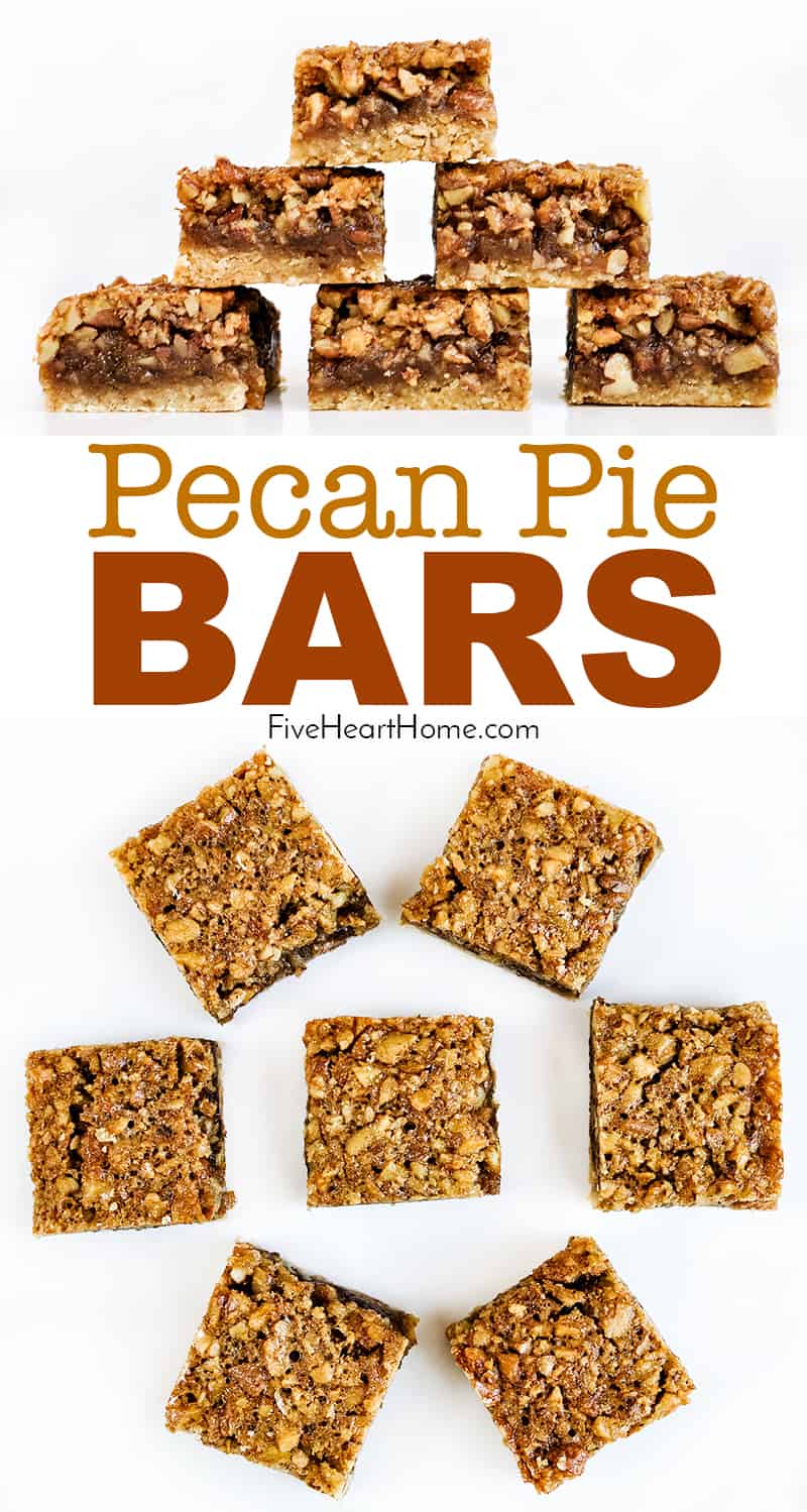 Pecan Pie Bars ~ feature a buttery shortbread crust and a gooey nut filling with a crunchy, crackly top for a portable, hand-held, pecan pie cookie treat! | FiveHeartHome.com #pecanpie via @fivehearthome