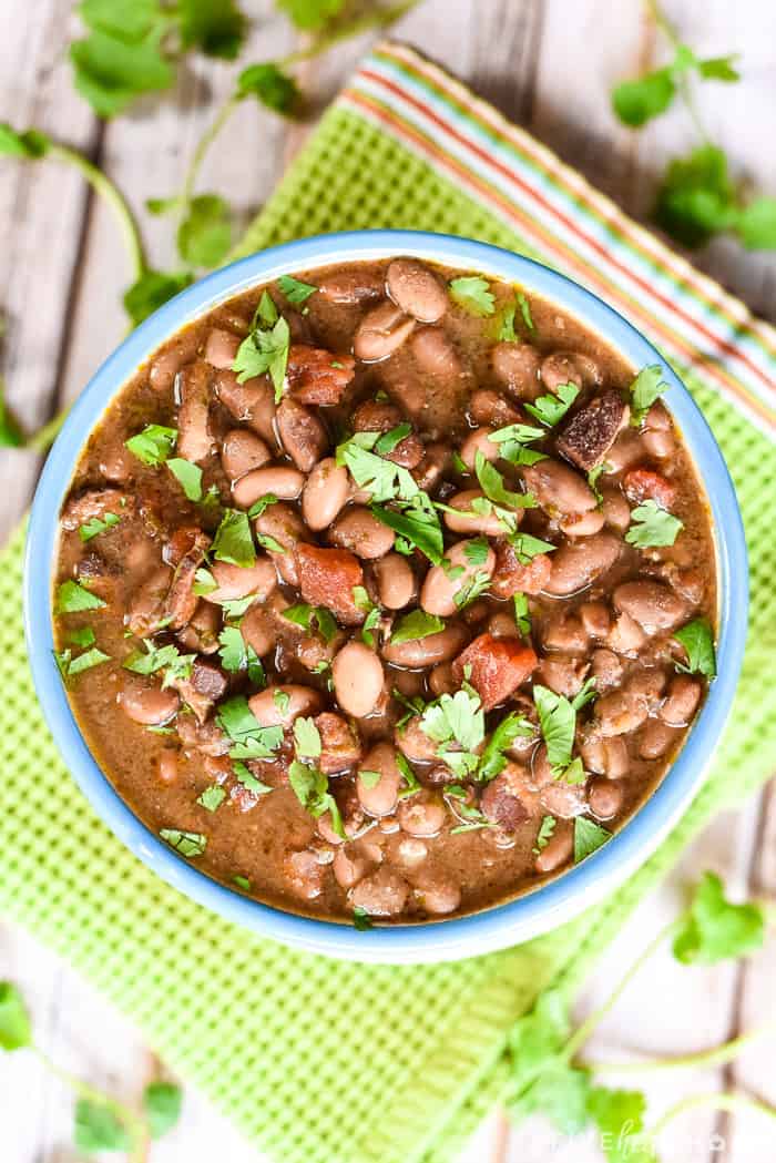 Crock Pot Charro Beans, aerial view in a bowl