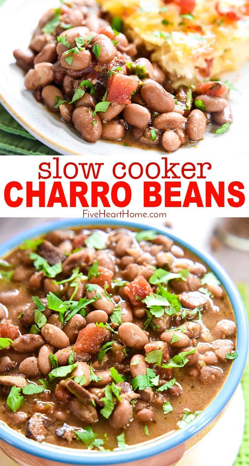 Slow Cooker Charro Beans ~ flavored with bacon, garlic, tomatoes, green chiles, jalapeños, cilantro, and spices, this crock pot recipe is the perfect side dish for Mexican food! | FiveHeartHome.com Slow Cooker Charro Beans
