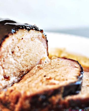 Slow Cooker Honey Balsamic Pork Loin ~ this moist, juicy pork loin is an effortless crock pot dinner featuring a tangy, sweet and savory glaze that's impressive enough for company! | FiveHeartHome.com #porkloin