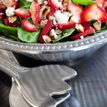 Strawberry Spinach Salad in a pewter serving bowl