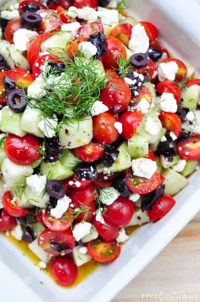 Cucumber Tomato Feta Salad with Olives + Dill ~ a perfect summer side dish recipe for using up an overabundance of garden fresh produce! | FiveHeartHome.com
