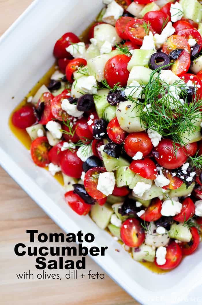 Cucumber Tomato Feta Salad with text overlay