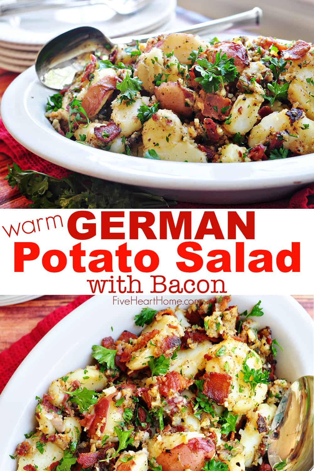 THE BEST German Potato Salad ~ a warm potato salad recipe featuring tender red potatoes and bacon in a tangy dressing for the ultimate summer side dish! | FiveHeartHome.com via @fivehearthome