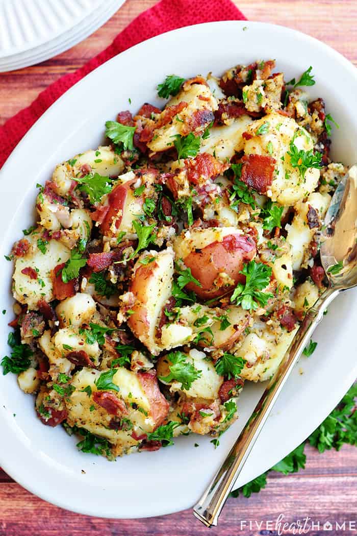 Aerial view of German Potato Salad in serving dish.