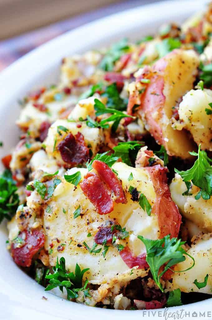 German Potato Salad close-up in bowl.