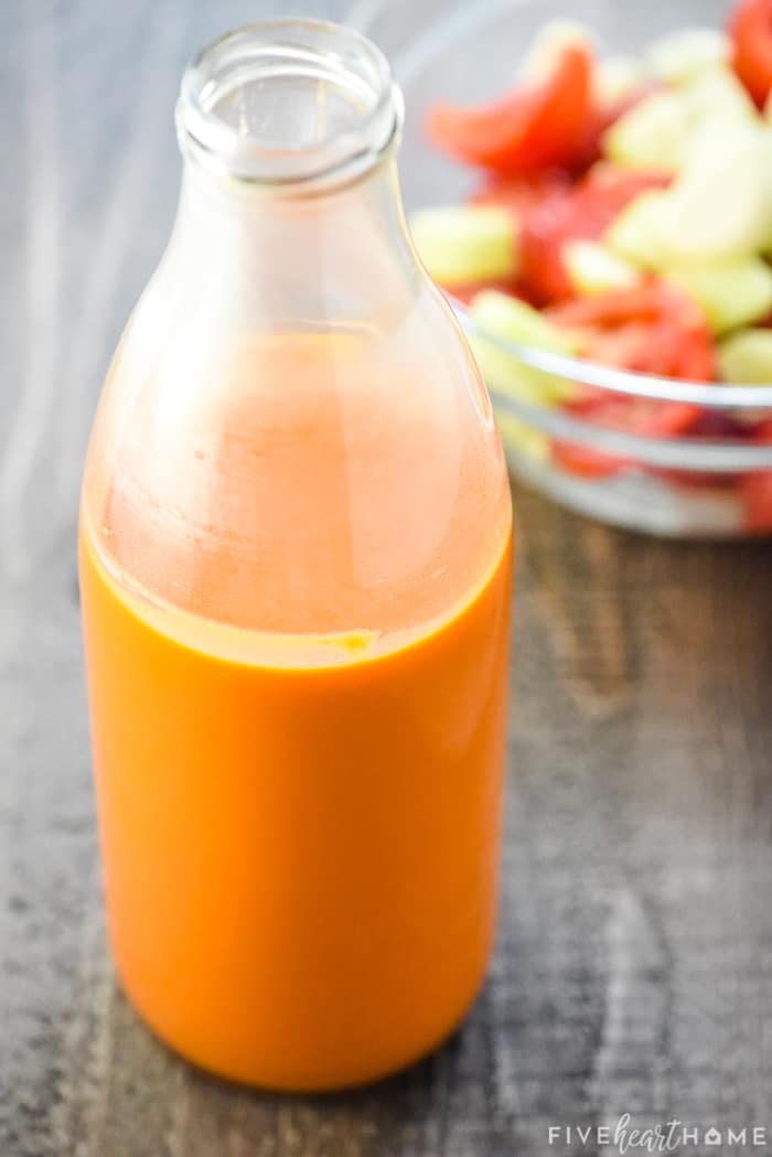 Easy Gazpacho Recipe in a glass bottle.