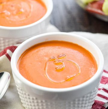 Easy Gazpacho Recipe in two white bowls.