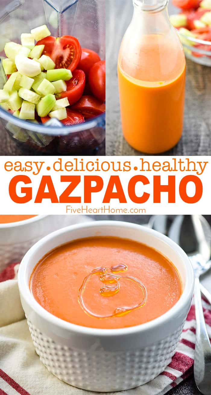 Easy Gazpacho ~ this delicious, refreshing, chilled Spanish soup recipe is quick to make with just a few ingredients, and it's gluten-free, too...you won't even miss the bread! | FiveHeartHome.com #gazpacho via @fivehearthome