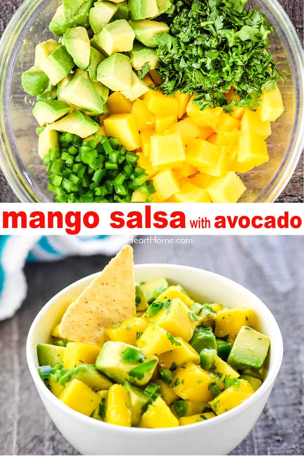 Mango Avocado Salsa ~ a fresh, simple recipe bursting with loads of summer flavor from sweet mango, creamy avocado, zesty jalapeño, and zippy cilantro...perfect as a dip or over fish! | FiveHeartHome.com via @fivehearthome