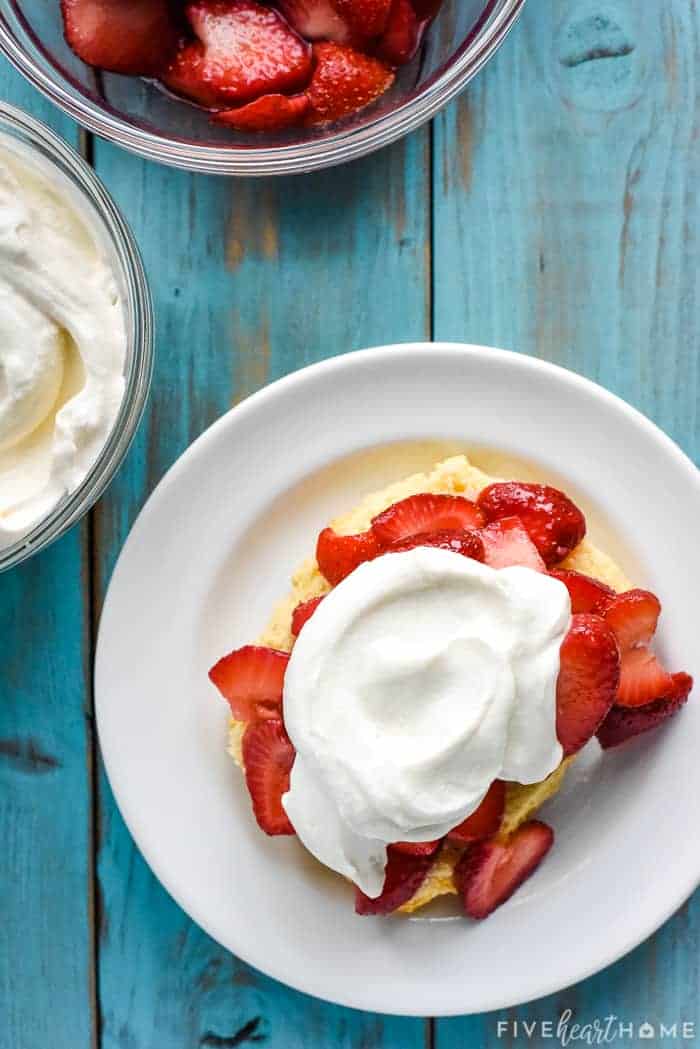 Aerial view of Homemade Strawberry Shortcake being assembled.