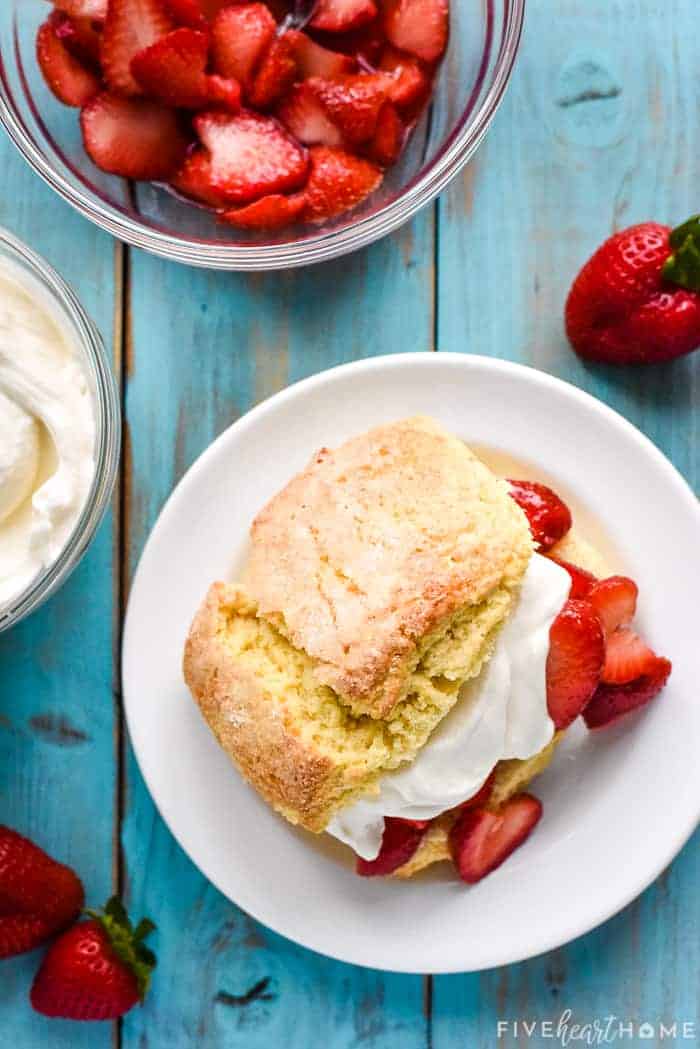 Top put on Homemade Strawberry Shortcake on white plate.