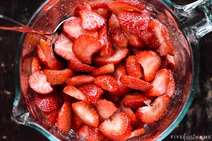Aerial view of macerated strawberries.