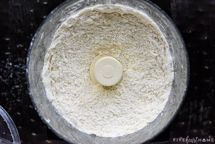 Dry ingredients and butter pulsed together in food processor.