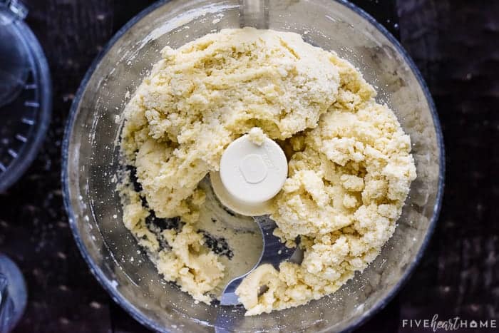 From-scratch shortcake dough in food processor.