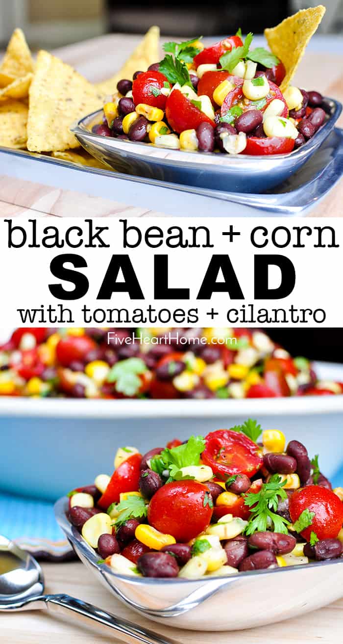 Black Bean and Corn Salad with Tomatoes + Cilantro ~ an easy, zesty, addictive recipe with a garlicky lime vinaigrette that's delicious as a side salad or dipped up with chips! | FiveHeartHome.com #blackbeancornsalad #summersalads #blackbeansalad #cornsalad #tomatosalad via @fivehearthome