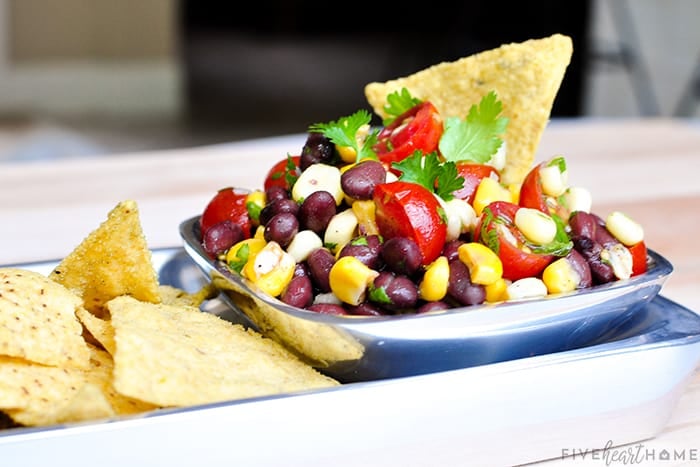 Black Bean and Corn Salsa served as a dip with chips