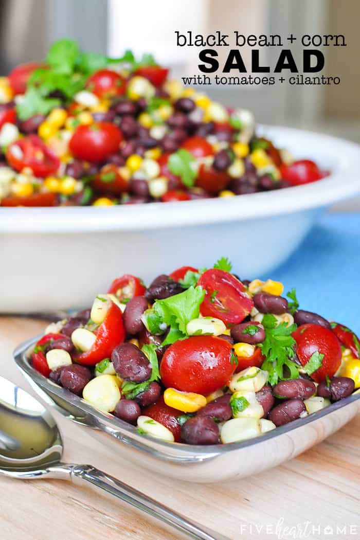 Black Bean and Corn Salad with Tomatoes + Cilantro with text overlay