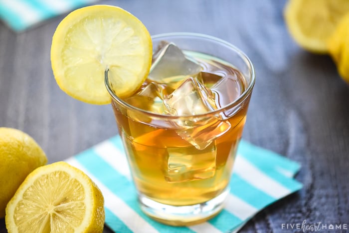 John Daly Drink on striped napkin, showing Arnold Palmer drink alcohol.