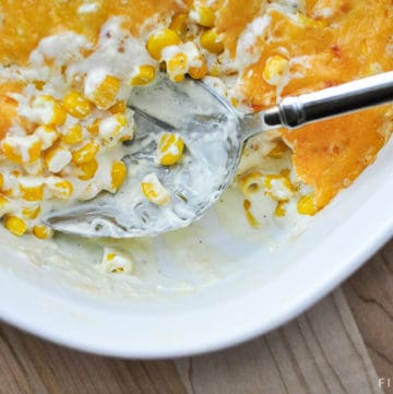 Cream Cheese Corn Casserole Recipe ~ a decadent, comforting side dish featuring sweet corn mixed with cream cheese, sharp cheddar, and (optional) diced jalapeños! | FiveHeartHome.com #creamcheesecorn #corncasserolerecipe