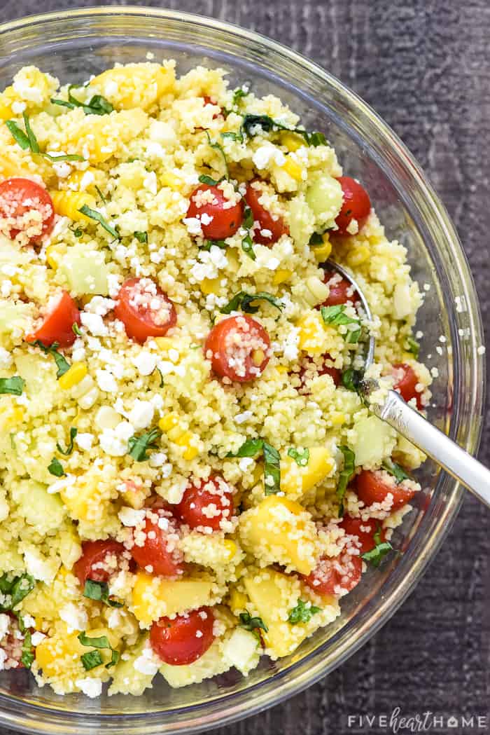 Couscous recipe, aerial shot in a serving bowl