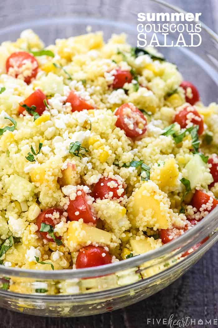 Summer Couscous Salad in a serving bowl with text overlay