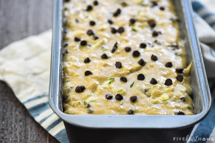 Batter in pan, sprinkled with chocolate chips, ready to bake