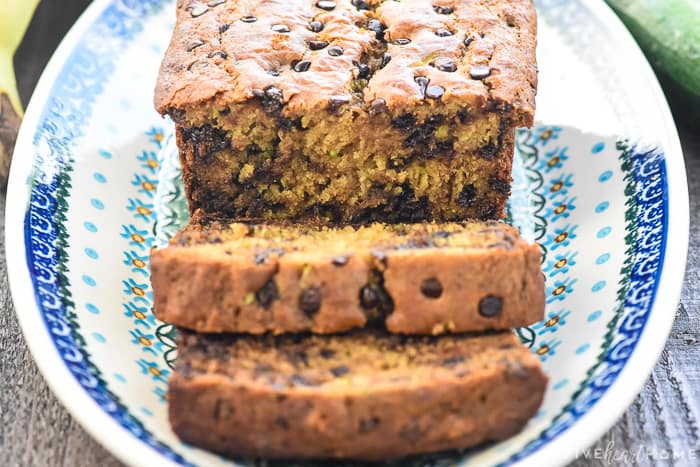 Zucchini Banana Bread sliced on plate.