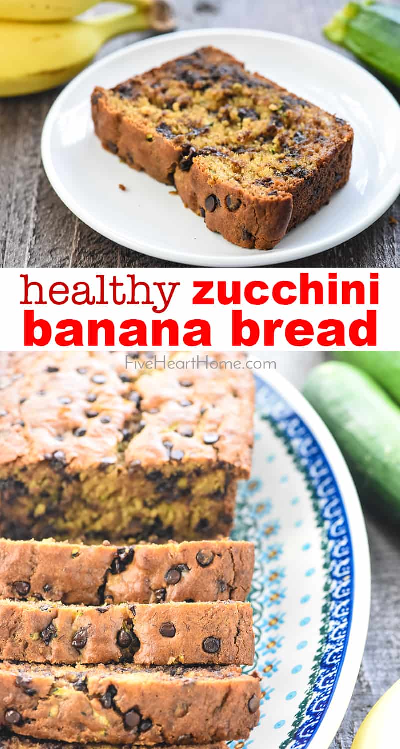 Healthy Zucchini Banana Bread is moist and delicious, made with whole wheat flour and sweetened with honey for the perfect way to use up abundant zucchini and overripe bananas! | FiveHeartHome.com #zucchinibread #bananabread #zucchinibananabread #zucchini #wholewheatflour via @fivehearthome