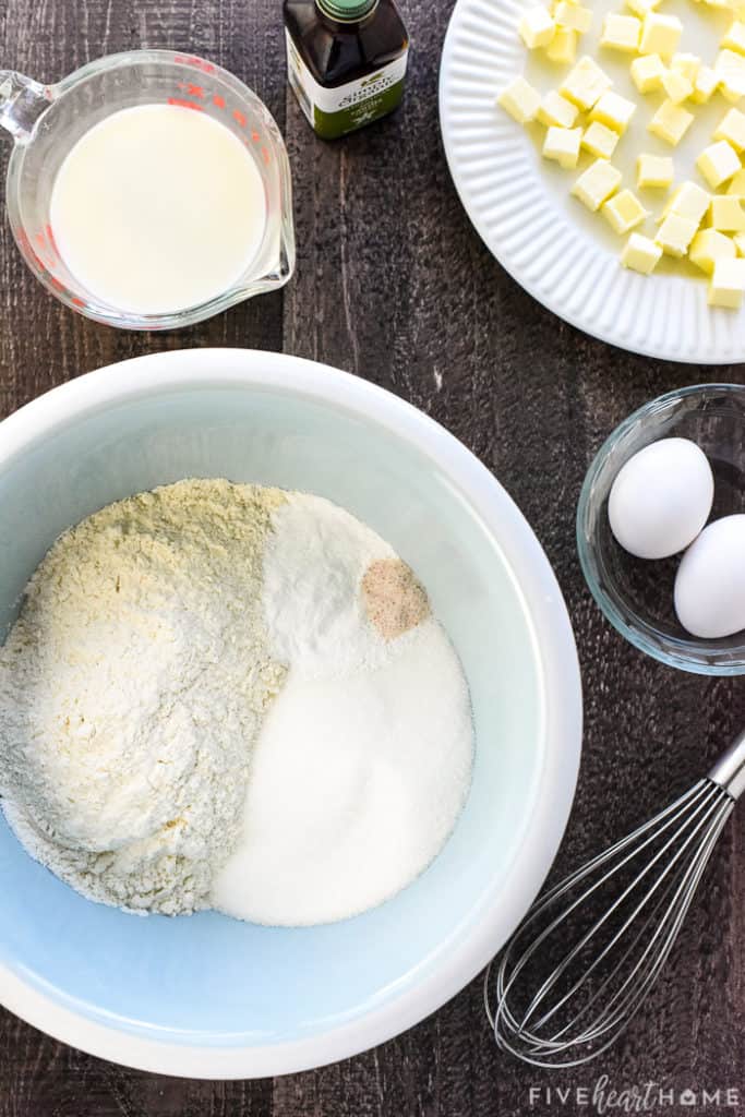 Aerial view of ingredients for basic muffin recipe.