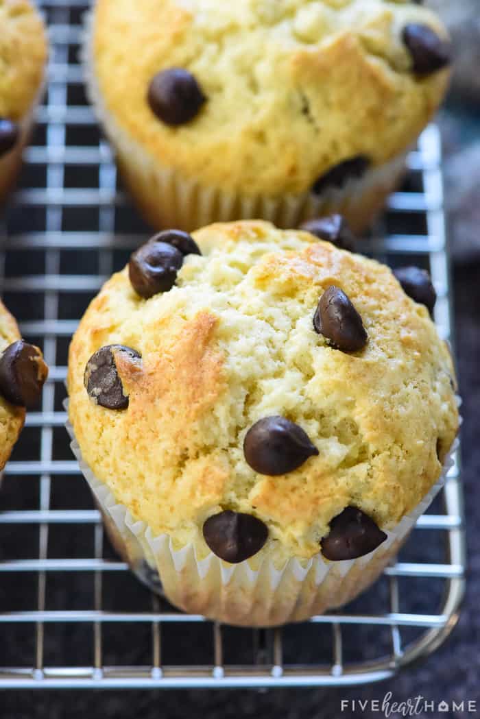 chocolate chip muffins on cooling rack