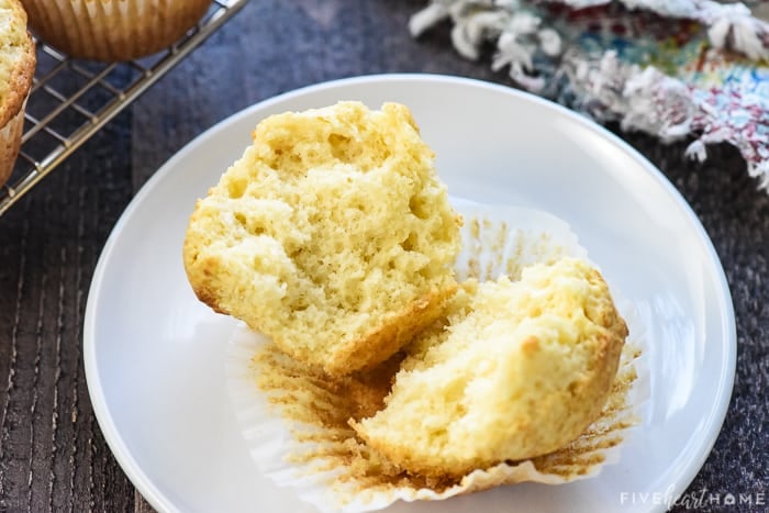 Plain muffin broken in half on plate made with Basic Muffin Recipe.