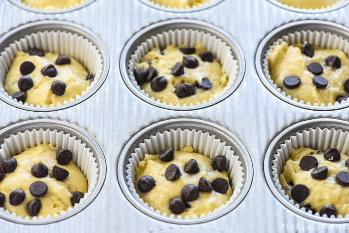 Batter in pan topped with chocolate chips.