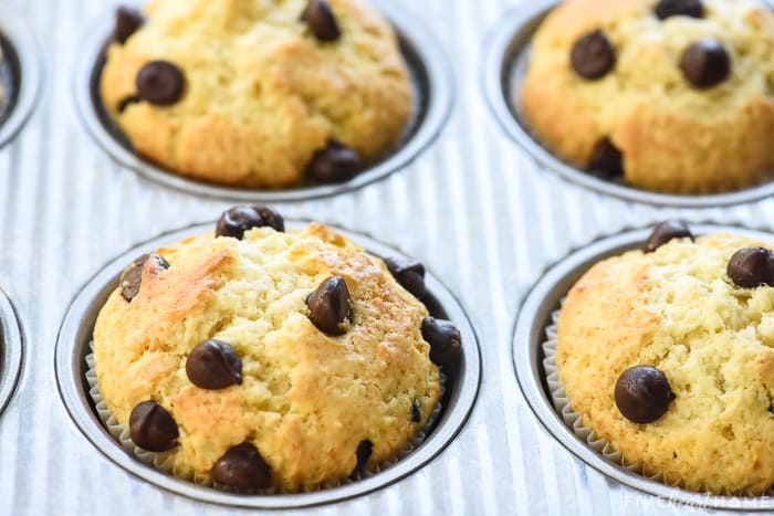 The BEST Basic Muffin Recipe ~ a plain batter yielding soft, yummy muffins that are easy to customize with your favorite add-ins...berries, diced fruit, chocolate, raisins, nuts, coconut, & more! | FiveHeartHome.com chocolate chip muffins in pan
