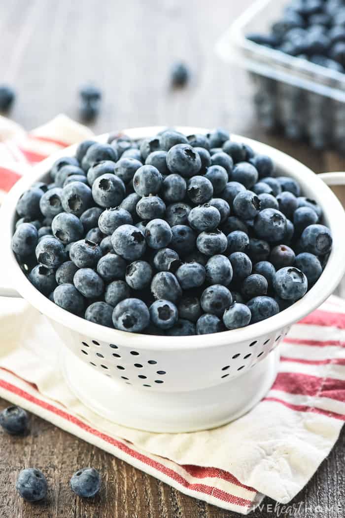 Colander of fresh blueberries.