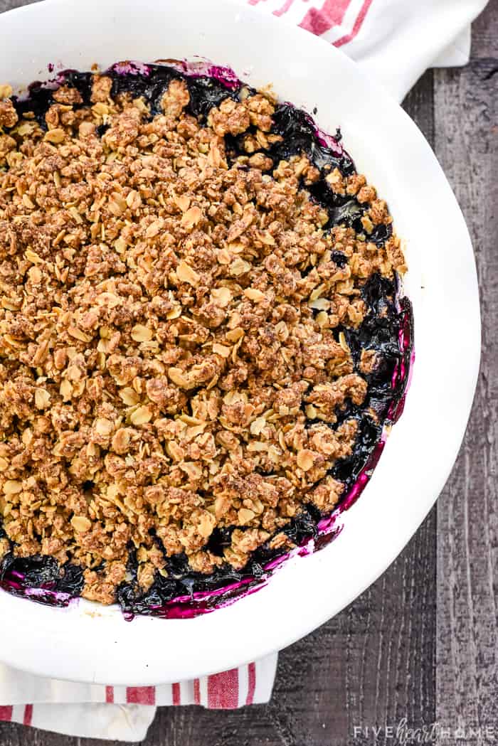Aerial view of baked Blueberry Crisp in dish.