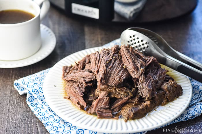 Beef and au jus from Slow Cooker French Dip recipe.