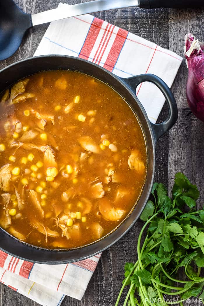 Aerial view of BBQ Chicken Soup in pot.