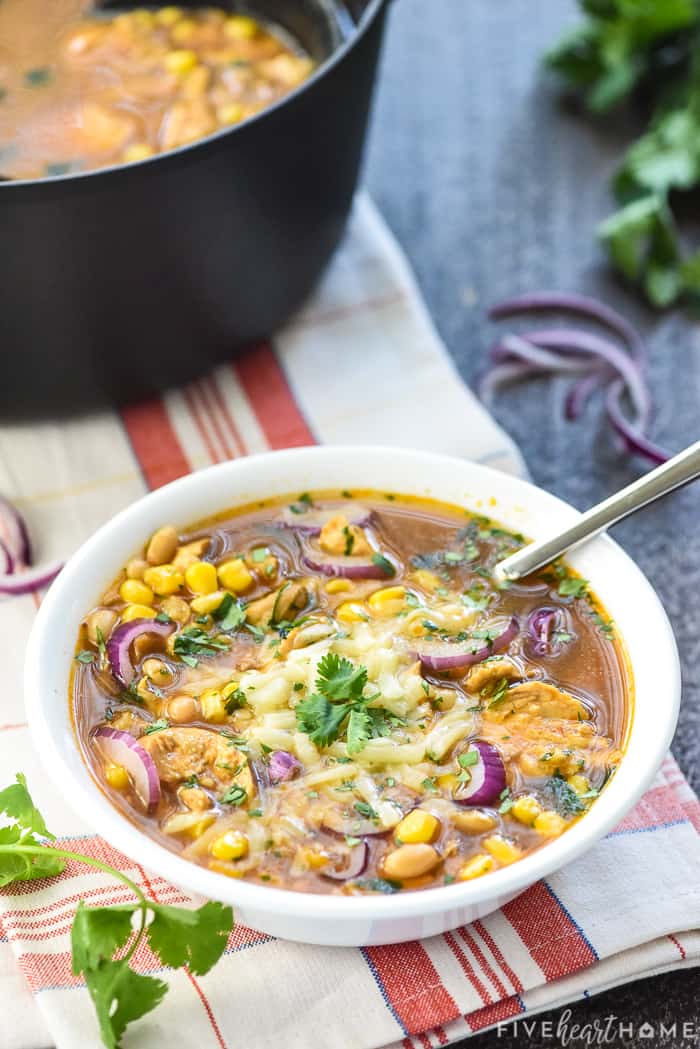 BBQ Chicken Soup in bowl with pot in background.