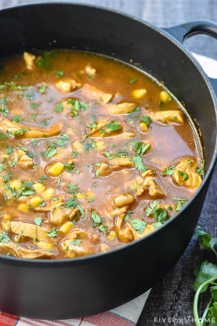 Black pot of BBQ Chicken Soup recipe.