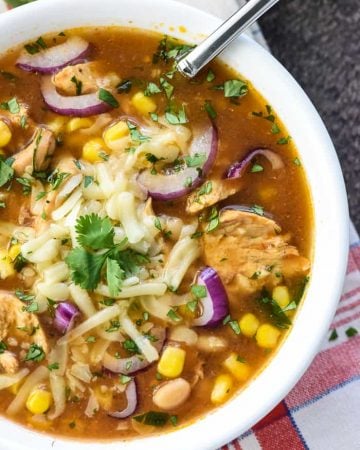 BBQ Chicken Soup ~ an easy, delicious chicken soup recipe that comes together quickly and tastes just like BBQ chicken pizza! | FiveHeartHome.com #bbqchicken #bbqchickensoup #chickensoup #bbqchickenpizza