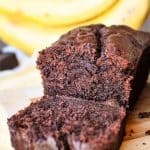 Triple Chocolate Banana Bread ~ moist, fudgy, and loaded with three kinds of chocolate, making this banana bread recipe a mouthwatering, delicious way to use up overripe bananas! | FiveHeartHome.com
