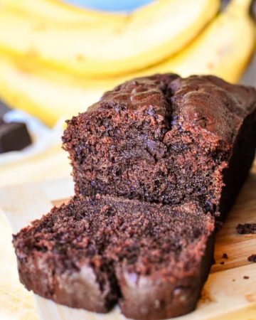 Triple Chocolate Banana Bread ~ moist, fudgy, and loaded with three kinds of chocolate, making this banana bread recipe a mouthwatering, delicious way to use up overripe bananas! | FiveHeartHome.com