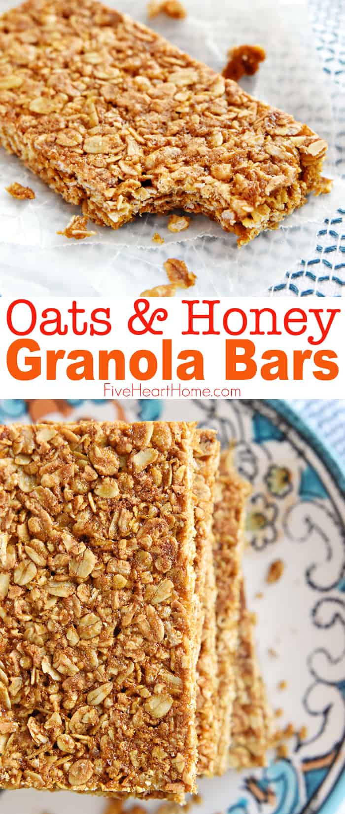 Oats and Honey Granola Bars ~ these homemade, all-natural granola bars are baked until slightly crunchy, making them perfect for breakfast-on-the-go or as a wholesome, portable snack! | FiveHeartHome.com #granolabars via @fivehearthome