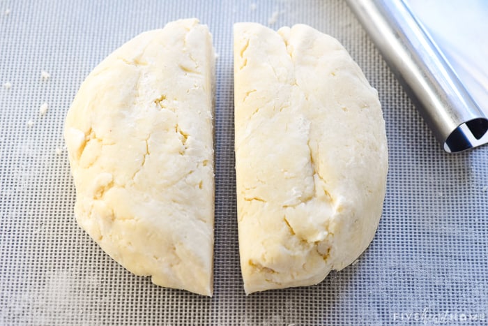 Dough cut in half for two Butter Pie Crusts.