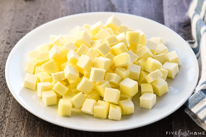 Chilled cubes of butter on a plate.