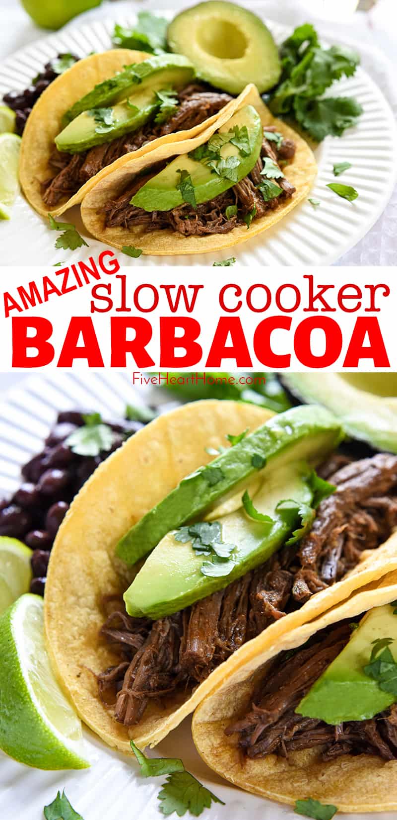 Slow Cooker Barbacoa ~ a delicious addition to tacos, burritos, rice bowls, salads, and more...and this easy, succulent, crockpot version is bursting with chipotles, garlic, cilantro, & Mexican spices! | FiveHeartHome.com #barbacoa #tacos #tacotuesday #beefbarbacoa via @fivehearthome