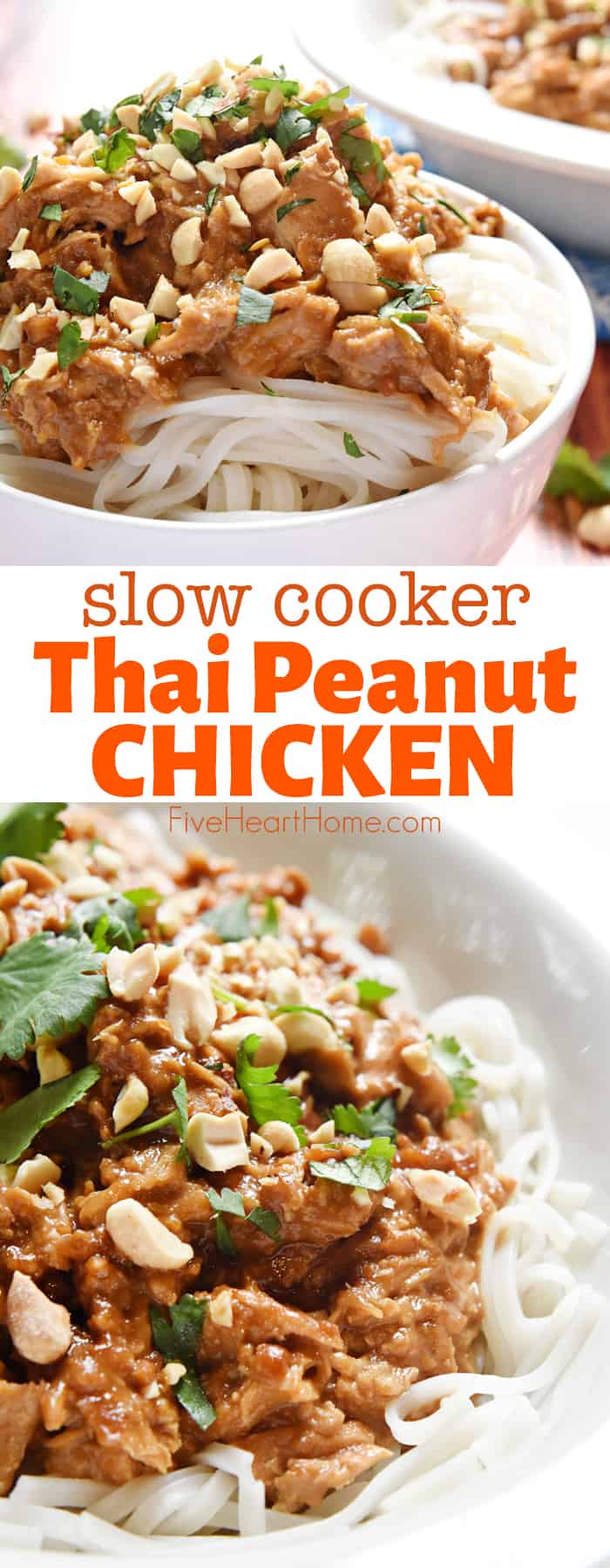 Slow Cooker Thai Peanut Chicken ~ made in the crockport, this easy dinner recipe features tender chicken stewed in a flavorful coconut milk and peanut sauce, served over rice or rice noodles! | FiveHeartHome.com #thaipeanutchicken #thaichicken #peanutchicken via @fivehearthome